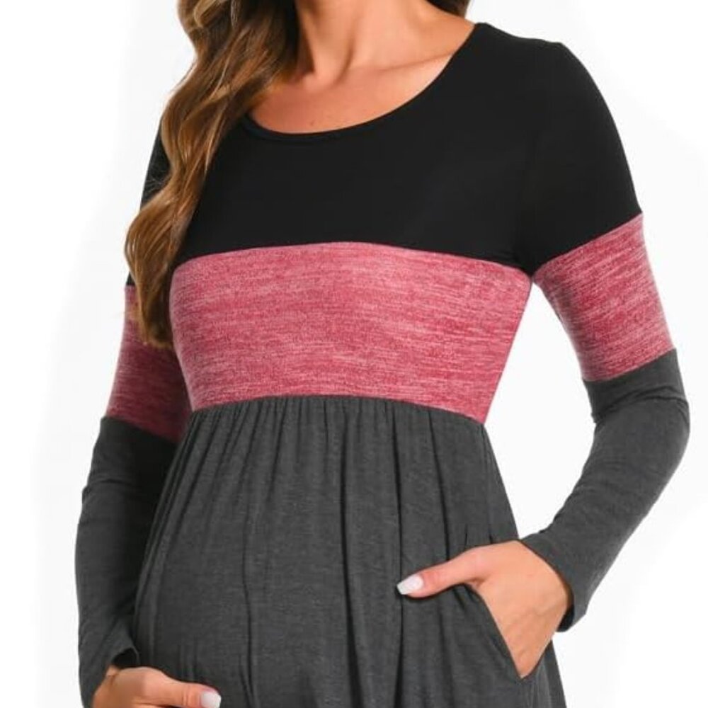 Bearsland Women’s Long Sleeve Maternity Patchwork Pregnancy Dress, Red, XL